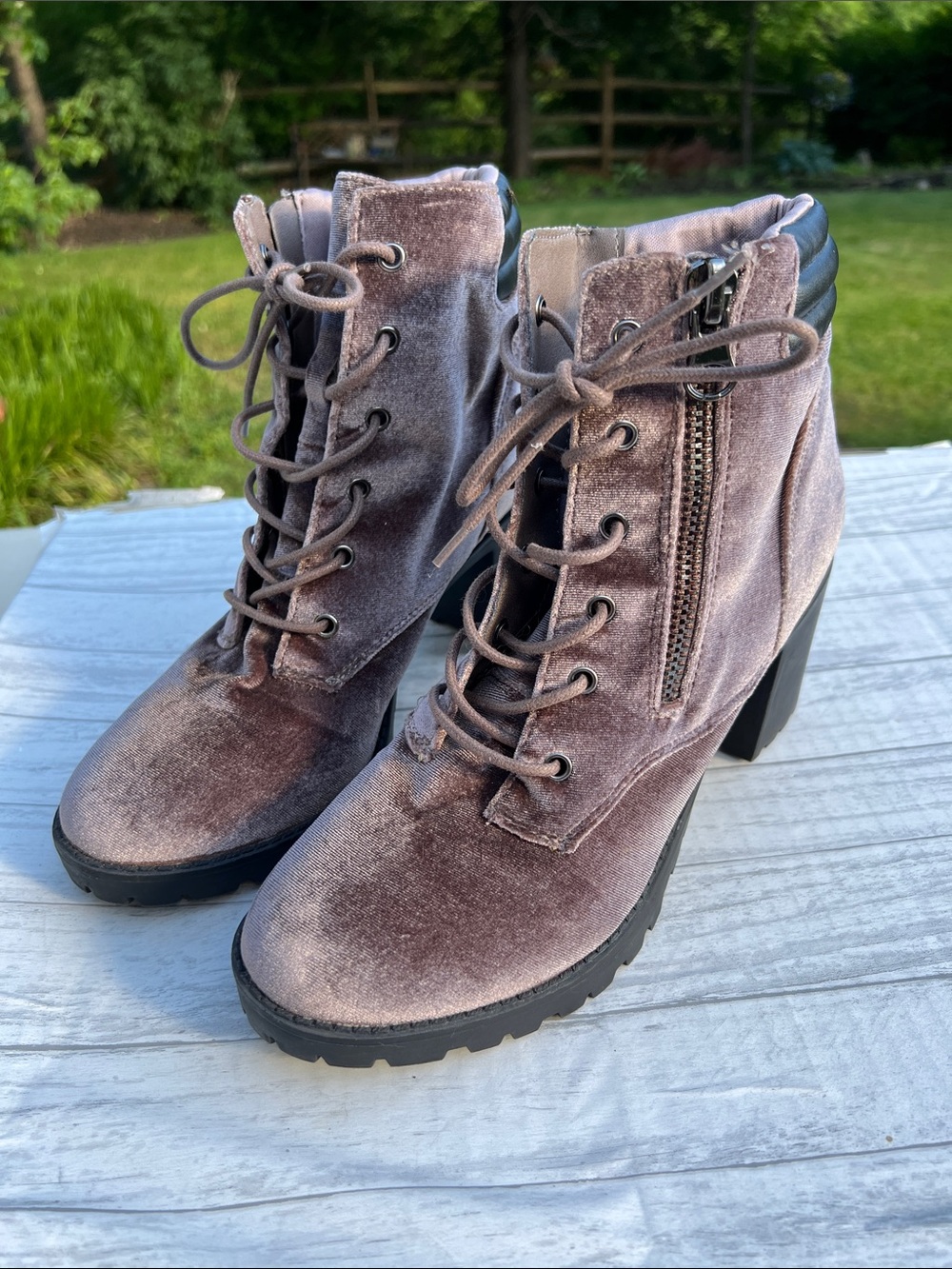 Madden Girl Combat Lavender Velvet Lace-Up Block Heel Boots